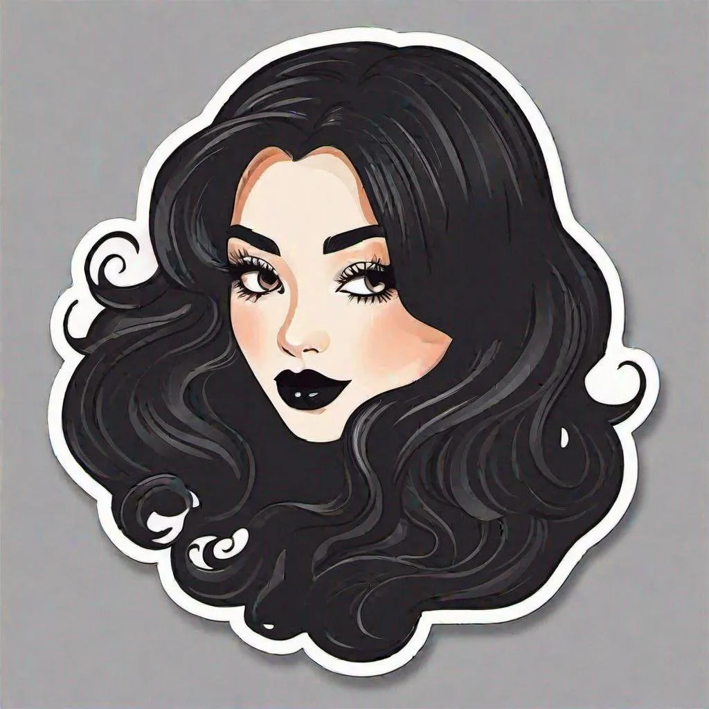 Prompt: Die-cut sticker, Cute kawaii lady with dark brown eyes, flowing black hair, smiling lips with black lipstick, black outfit, sticker, white background, illustration minimalism, vector, pastel colors