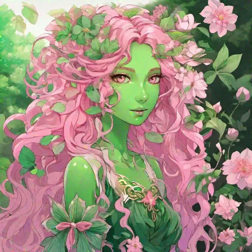 Prompt: Masterpiece, best quality, follows prompt exactly. Anime artstyle. A portrait of a scholars flower as a green humanoid dryad, colourful green skin, long flowing pink hair, unnatural green skin colour, pink eyes