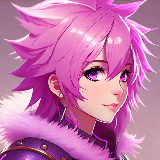 Prompt: Masterpiece, best quality, follows prompt exactly. Anime artstyle. A portrait of a somewhat masculine girl with purple eyes, short and spiky light pink hair, and a cheeky grin on her face. She wears magenta coloured light armour.