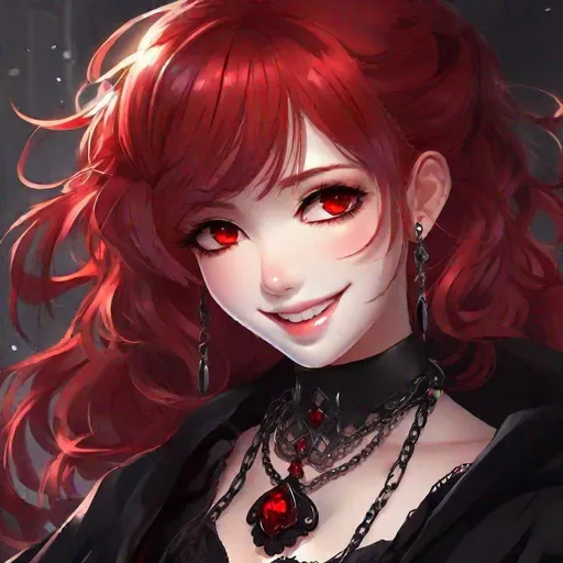 Prompt: Masterpiece, best quality, follows prompt exactly. Anime artstyle. A goth girl with crimson red hair, red eyes, and a big smile on her lips. Chain necklace, black cloak