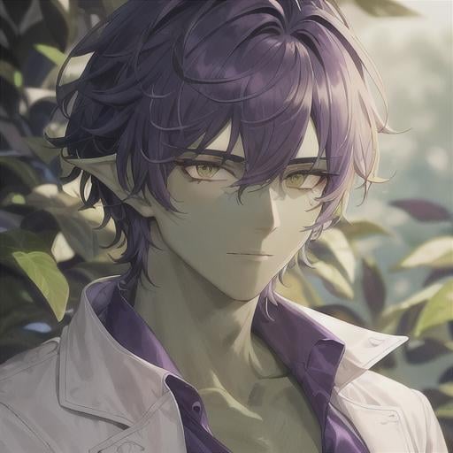 Prompt: Best quality, masterpiece, follows prompt exactly. A portrait of a green male dryad with dark green skin. He has an affinity for the poisonous nightshade. Purple hair, white doctor's coat. Dark artstyle, poison