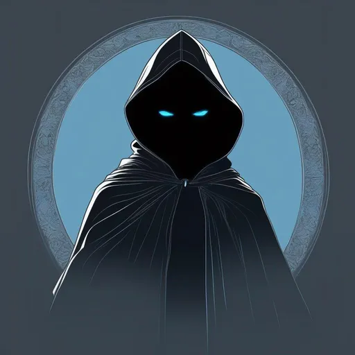 Prompt: Masterpiece, best quality, follows prompt exactly. Silhouette of a boy with pale blue eyes, wearing a cloak, menacing smile, no other tangible features, in shadows, silhouette artstyle, simple black background