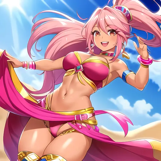 Prompt: A dancing thief lady from the desert. She has light brown skin, and pink hair. She has a big smile on her face, and she has brown eyes. She wears a pink dancer's outfit