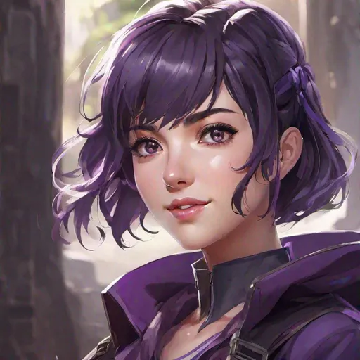 Prompt: Masterpiece, best quality, follows prompt exactly. Anime artstyle. A portrait of a girl, grin, grey eyes, short purple black hair, purple fighting and adventuring outfit.