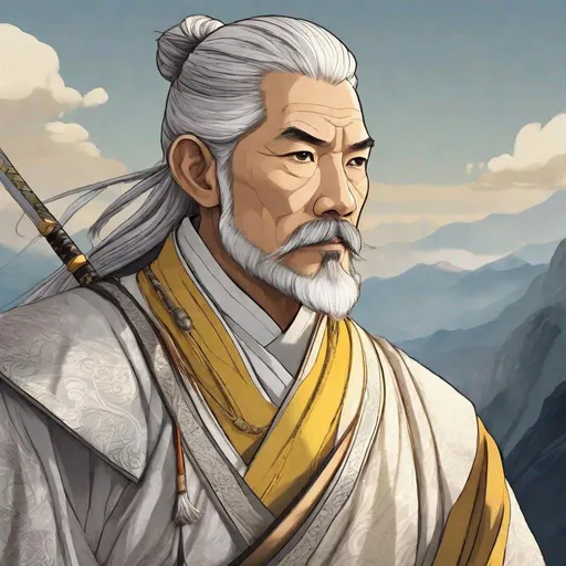Prompt: Masterpiece, best quality, follows prompt exactly, stylised. Line art artstyle. Portrait of an old swordsman, grey hair in a ponytail, light yellow eyes, goatee, moustache, wise, silver and yellow and white swordsman's outfit, asian skin, mountain background