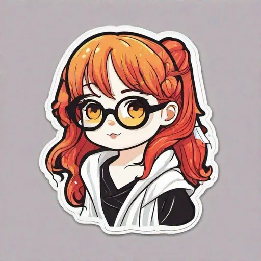 Prompt: Die-cut sticker, Cute kawaii girl with red hair, yellow eyes, black glasses, white robe, sticker, white background, illustration minimalism, vector, pastel colors