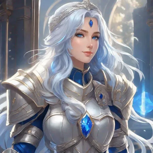 Prompt: Masterpiece, best quality, follows prompt exactly. Anime artstyle. Portrait of a middle aged military lady with long light blue hair, sapphire blue eyes, well built, muscular, bulky white and silver armour, silver circlet, smile, pale skin.