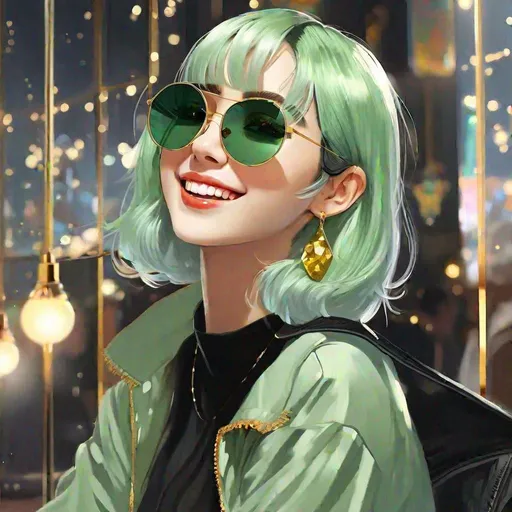 Prompt: Masterpiece, best quality, follows prompt exactly. Anime artstyle. A portrait of a Spanish girl with a big smile on her lips, very short pale green hair, and a pair of golden mirrored aviators with black glass. Please no eyes