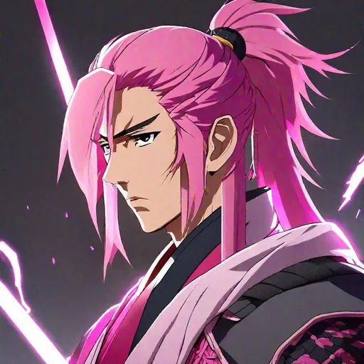 Prompt: Masterpiece, best quality, follows prompt exactly. Anime artstyle. A portrait of a lanky man with pink hair in a samurai-like ponytail, a scowl is on his face. He has gray eyes. He has a flowing pink cape, and pink light armour. Lightning theme.