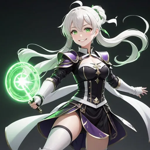 Prompt: Masterpiece, best quality, follows prompt exactly, anime, a young priestess girl, short white ponytail, green eyes, short and slim figure, black and purple combat outfit, big smile, white skin, ethereal lighting, fantasy, simple background