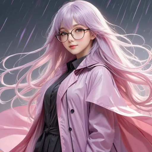 Prompt: Masterpiece, best quality, anime, slim magician lady, very long lavender hair, grey eyes, black glasses, very oversized pink raincoat, thin smile, ethereal lighting, simple background, fantasy, detailed eyes, ethereal, pastel tones