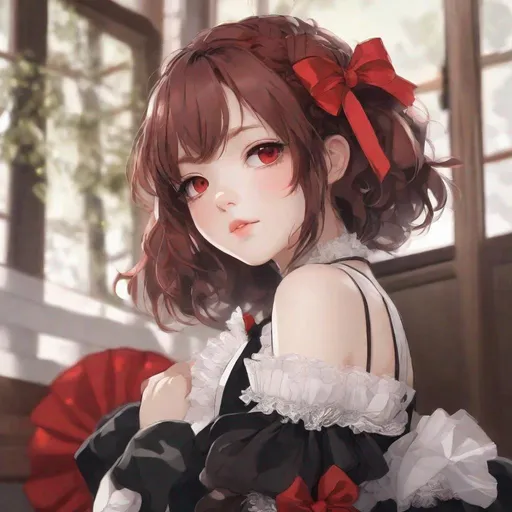 Prompt: Masterpiece, best quality, follows prompt exactly. Anime artstyle. Portrait of a girl with short red hair, red eyes, unnaturally pale face, aisan skin, grimace, bags under eyes, frilly black and white dress, big black ribbon in hair