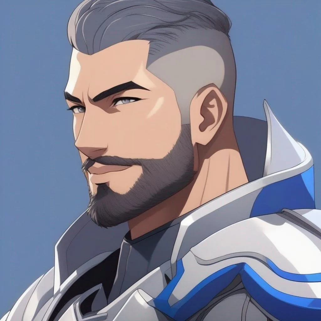 Prompt: Masterpiece, best quality, follows prompt exactly. Anime artstyle. A portrait of a large, muscular man with very dark grey hair in a buzz cut, stubble, grey eyes, a big hearty toothy grin, specially fitted white armour with blue accents and blue raven emblem