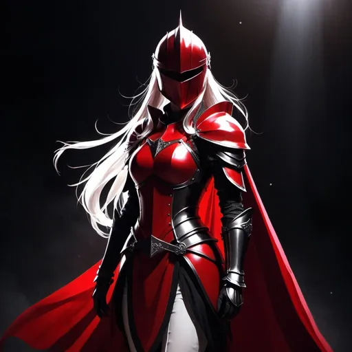 Prompt: Masterpiece, best quality, anime, knight woman, long white ponytail, short and slim figure, crimson red and black outfit, red and and black burgonet helmet, crimson red cape, white skin, ethereal lighting, fantasy, dark background