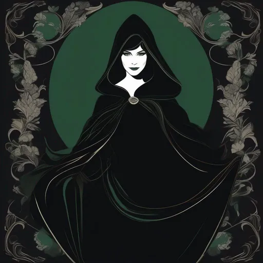 Prompt: Masterpiece, best quality, follows prompt exactly. Silhouette of a mature lady with dark green eyes, wearing a cloak, cape, menacing smile, no other tangible features, in shadows, silhouette artstyle, simple black background