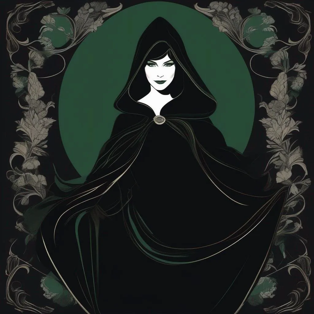 Prompt: Masterpiece, best quality, follows prompt exactly. Silhouette of a mature lady with dark green eyes, wearing a cloak, cape, menacing smile, no other tangible features, in shadows, silhouette artstyle, simple black background