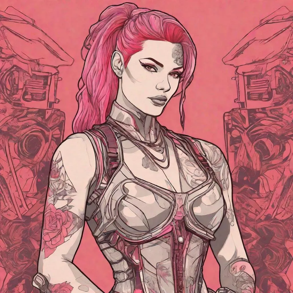 Prompt: Masterpiece, best quality, follows prompt exactly. Line art artstyle. Portrait of a muscular human-replica robot lady, rockstar outfit, pale red simple ponytail, human figure, metal "skin", pink eyes, arrogant smile, tattoos. Red background, fire theming.