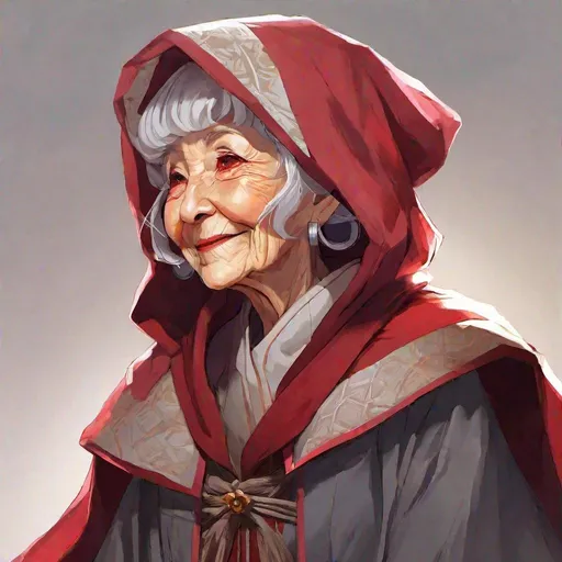 Prompt: Masterpiece, best quality, follows prompt exactly. Anime artstyle. A portrait of an incredibly old lady with glowing red eyes, greyish red hair, and a long crooked nose. She has a wicked grin on her face, and is wearing a crimson red cloak with a hood over her eyes. Yellow skin, asian complexion