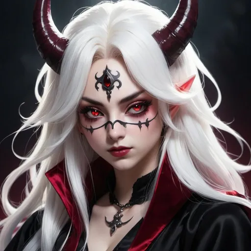 Prompt: Masterpiece, best quality, follows prompt exactly, anime, a teenaged female demon, necromancer, long fluffy white mane, subhuman, black and ruby robe, satin eye mask, covered face, horns, tattoos, snout, pout, fantasy style, detailed, dark tones, mystical lighting, eerie atmosphere