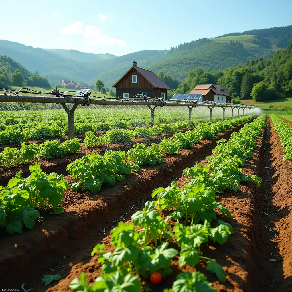 Prompt: aerial view of a sustainable organic farm, showcasing rows of crops like tomatoes, lettuce, and carrots growing in neat lines. Solar-powered irrigation systems are visible, with water flowing from the panels to the crops. The farm is surrounded by green hills and trees, with a small farmhouse made of wood in the background. The sky is clear and bright, with the sunlight evenly illuminating the scene. The colors are vivid, with deep greens from the plants and rich brown soil contrasting against the light blue sky. The camera uses a drone perspective with a wide-angle (18mm) lens to capture the entirety of the farm and its eco-friendly layout.