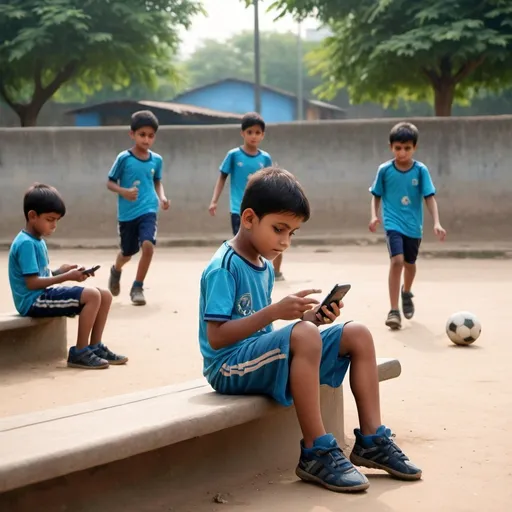 Prompt: It seems like the small boy is enjoying his time playing football in the playground, while the other boys are sitting on the bench and engrossed in their mobile phones. It's a common scene these days, where some kids prefer outdoor activities like sports, while others are drawn to digital entertainment. Each child finds their own way to have fun!