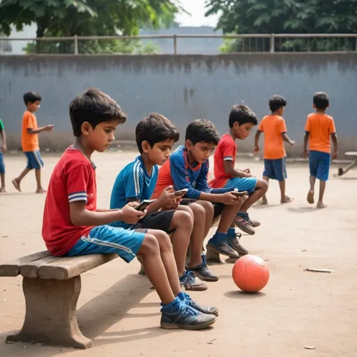 Prompt: It seems like the small boy is enjoying his time playing football in the playground, while the other boys are sitting on the bench and engrossed in their mobile phones. It's a common scene these days, where some kids prefer outdoor activities like sports, while others are drawn to digital entertainment. 