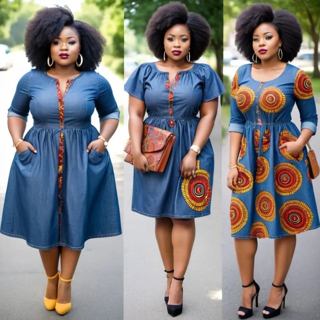 Prompt: Afro fashion for chubby women denim dress with a hint of ankara