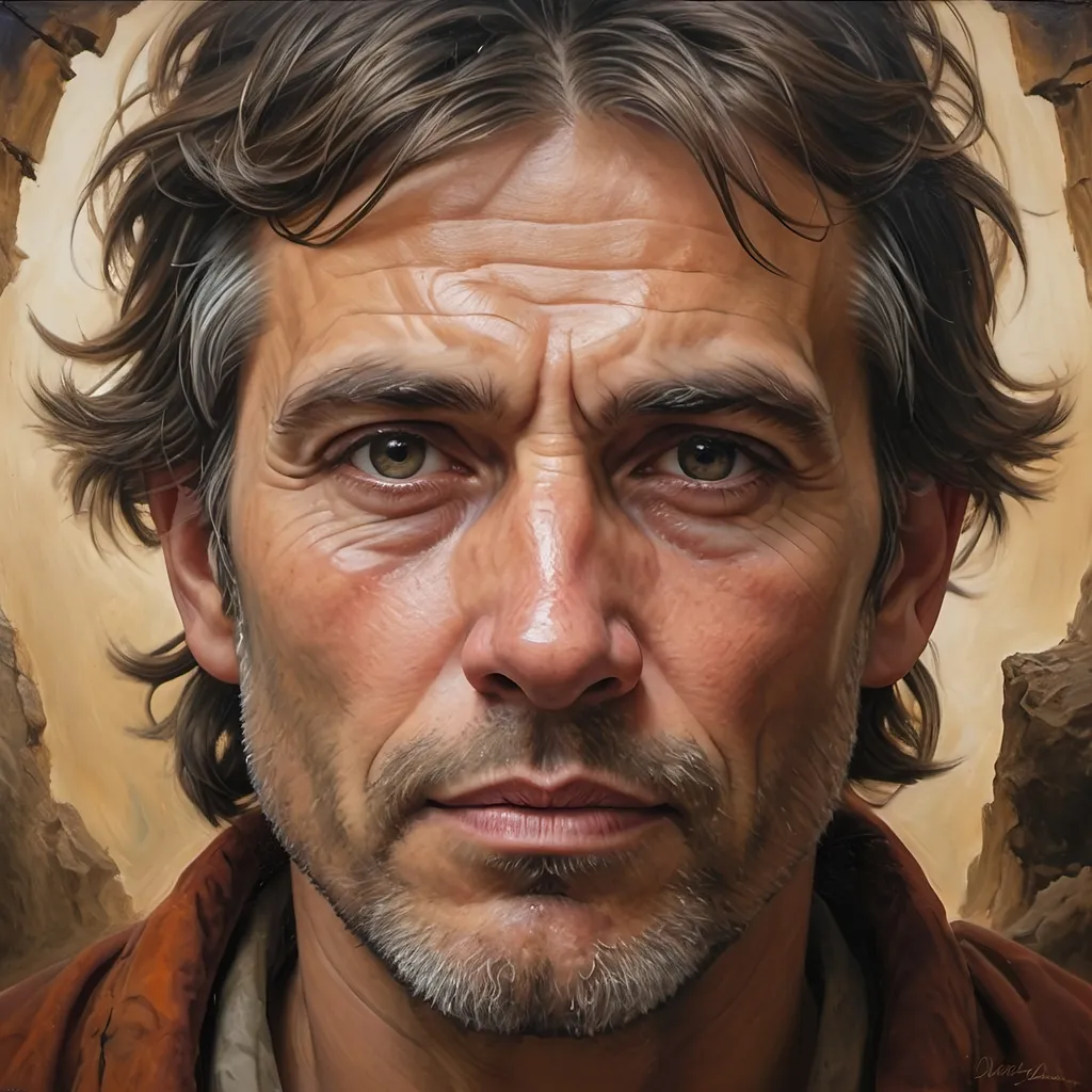 Prompt: Photorealistic portrait of a hero's journey towards enlightenment, oil painting, rugged and weathered facial features, intense and introspective gaze, symbolic elements of growth and transformation, high realism, detailed brushwork, emotional depth, warm and soft lighting, traditional art style, earthy tones, storytelling composition, rich textures, high quality, realistic, oil painting, hero's journey, introspective gaze, symbolic elements, emotional depth, warm lighting, traditional art style, storytelling composition, detailed brushwork