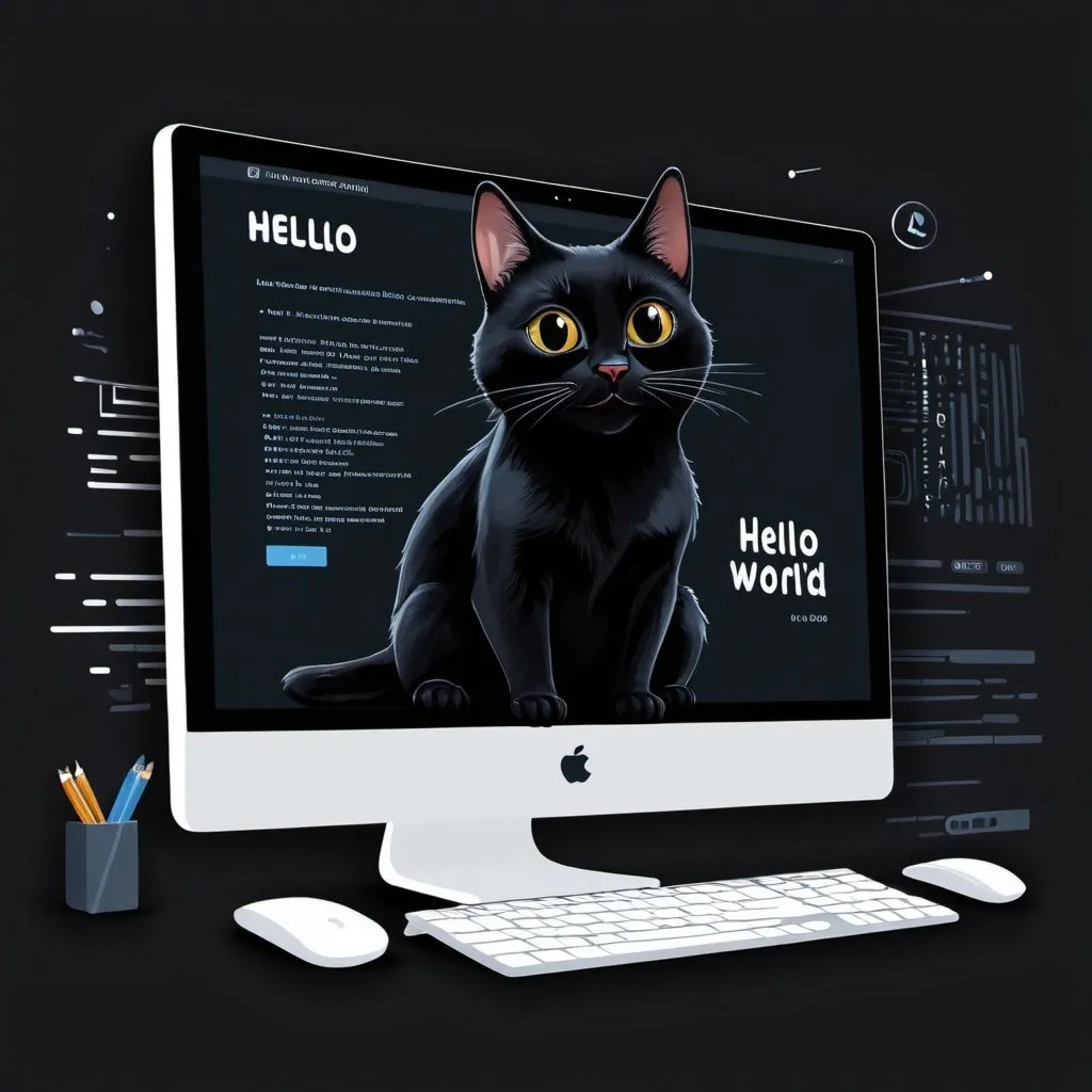 Prompt: Tech related image for landing page of a website with a black cat sitting next to a computer on which a perl program is written for printing "Hello World" with dark background
more importance to the computer screen
