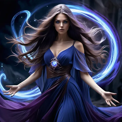 Prompt: powerful sorceress, long brown hair, , dark blue and dark purple dress, open right hand with blue a dark blue and dark purple magical vortex aura coming out of it and swirling around her, flowing hair and dress