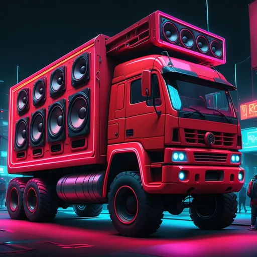 Prompt: A highly detailed digital painting of a big red truck filled with massive speakers. Realistic 3d.  Cyberpunk aesthetic. neon lights