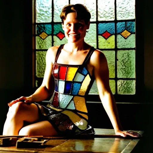 Prompt: an athletic woman, with the face shown in the face prompt, dressed in a translucent dress , assembling stained glass into a frame, sitting at a table