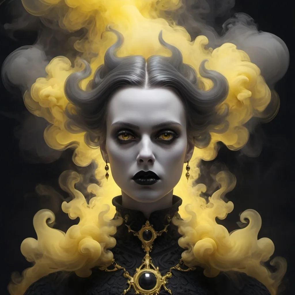 Prompt: NIETZSCHEAN ZARATHUSTRA BY LENA HADES, gray+black+yellow puffs of smoke. play of gloss and light. maximum character rendering, pixel-by-pixel rendering of small details. horror, gothic, surrealism. fractal, iso200, 2048k, painting of Lena Hades