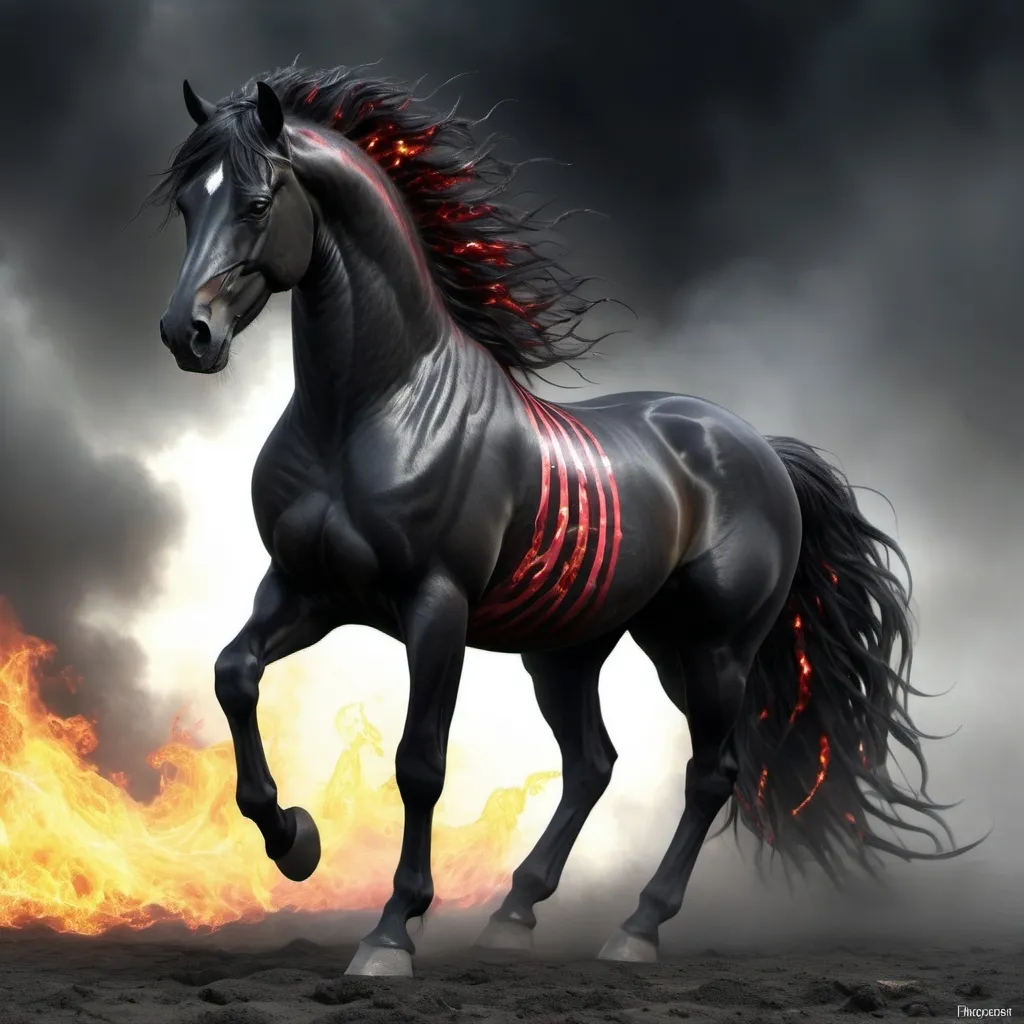 Prompt: A glossy black horse of the apocalypse, with ruby wavy stripes along the body and mane. the eyes burn with an evil fire, the hooves are spiked. gray+black+yellow puffs of smoke. play of gloss and light. maximum character rendering, pixel-by-pixel rendering of small details. horror, gothic, surrealism. fractal, iso200, 2048k, painting of Lena Hades