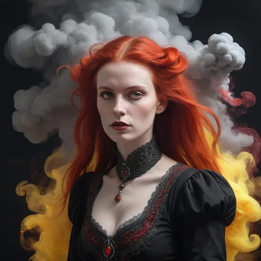 Prompt: NIETZSCHEAN ZARATHUSTRA BY THE PAINTER LENA HADES WITH RED HAIR  and THIN WAIST, red neon colour, gray+black+yellow puffs of smoke. play of gloss and light. maximum character rendering, pixel-by-pixel rendering of small details. horror, gothic, surrealism. fractal, iso200, 2048k, painting of Lena Hades