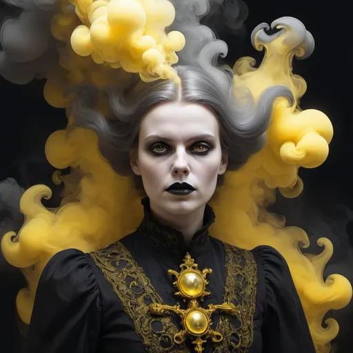 Prompt: NIETZSCHEAN ZARATHUSTRA BY LENA HADES, gray+black+yellow puffs of smoke. play of gloss and light. maximum character rendering, pixel-by-pixel rendering of small details. horror, gothic, surrealism. fractal, iso200, 2048k, painting of Lena Hades