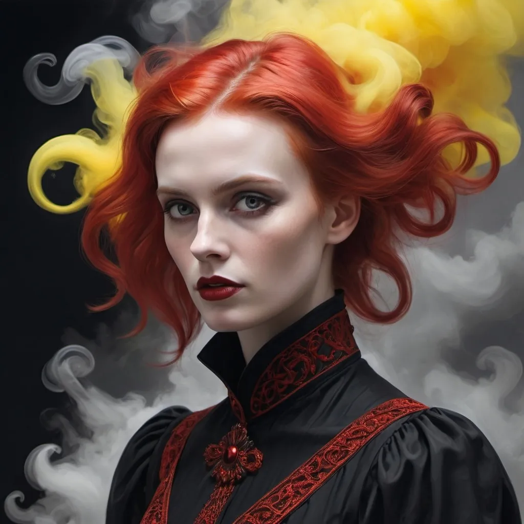 Prompt: NIETZSCHEAN ZARATHUSTRA BY THE PAINTER LENA HADES WITH RED HAIR  and THIN WAIST, red neon colour, gray+black+yellow puffs of smoke. play of gloss and light. maximum character rendering, pixel-by-pixel rendering of small details. horror, gothic, surrealism. fractal, iso200, 2048k, painting of Lena Hades