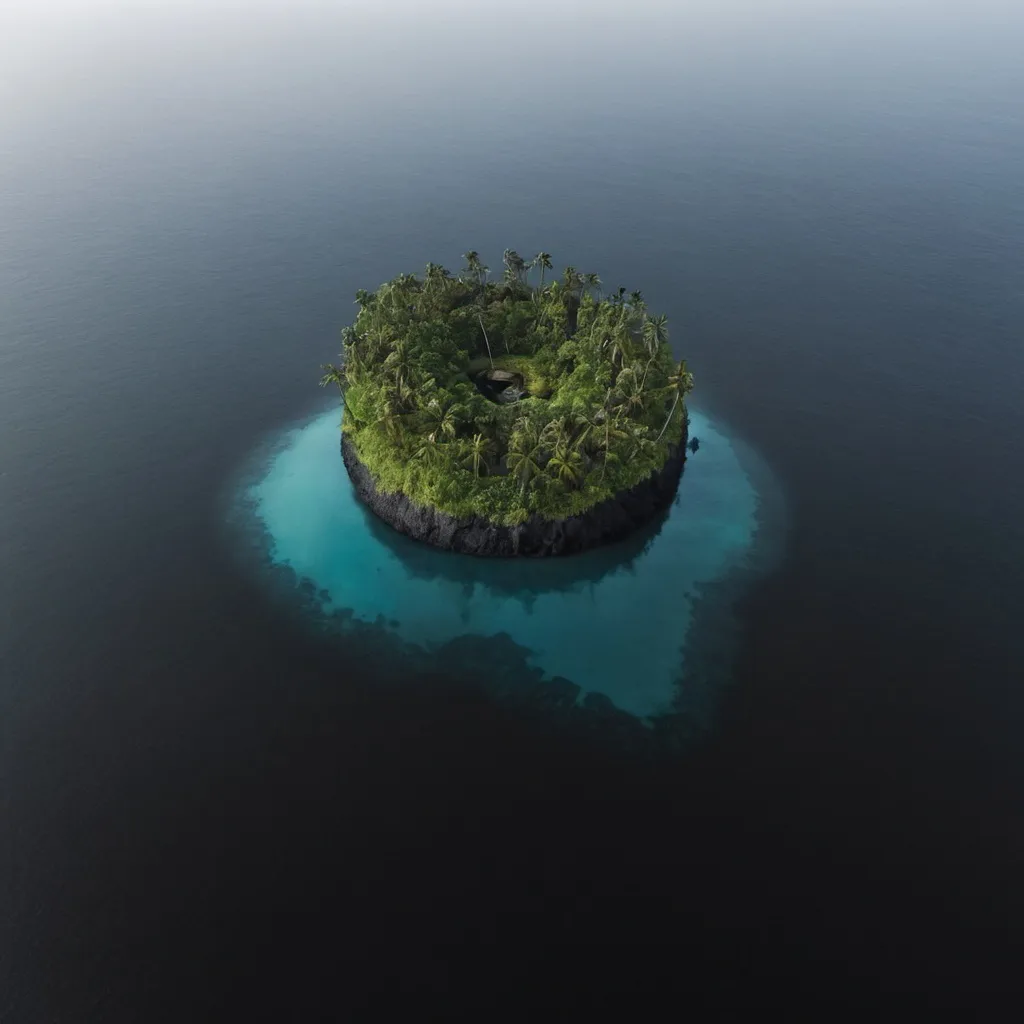 Prompt: an island surrounded by water with a black on it 
