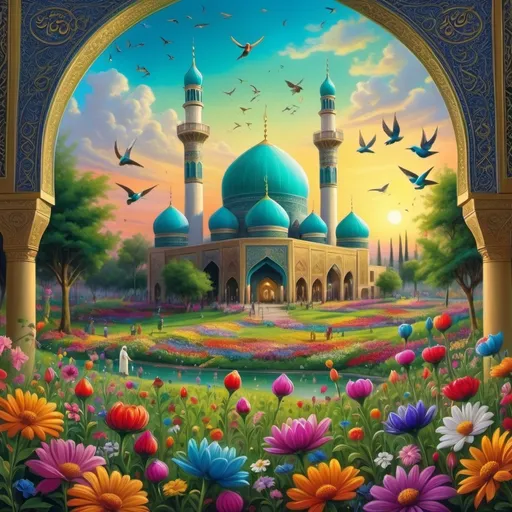 Prompt: beautiful painting of the Imam Mahdi's birthday celebration, colorful flowers and nightingales, vibrant landscape, lush meadow, stunning dome in background, harmonious composition, joyful ambiance, serene and festive atmosphere, accurate spelling of "حضرت مهدی" in ornate design, rich hues and intricate details, 4K ultra-detailed artwork, captivating and uplifting mood.