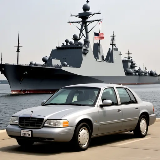 Prompt: carro wv Santana ano 2000 cinza musuell com um navio de guerra ao fundo, na porta do carro terá um adesivo da logo tipo da marinha preto. 
