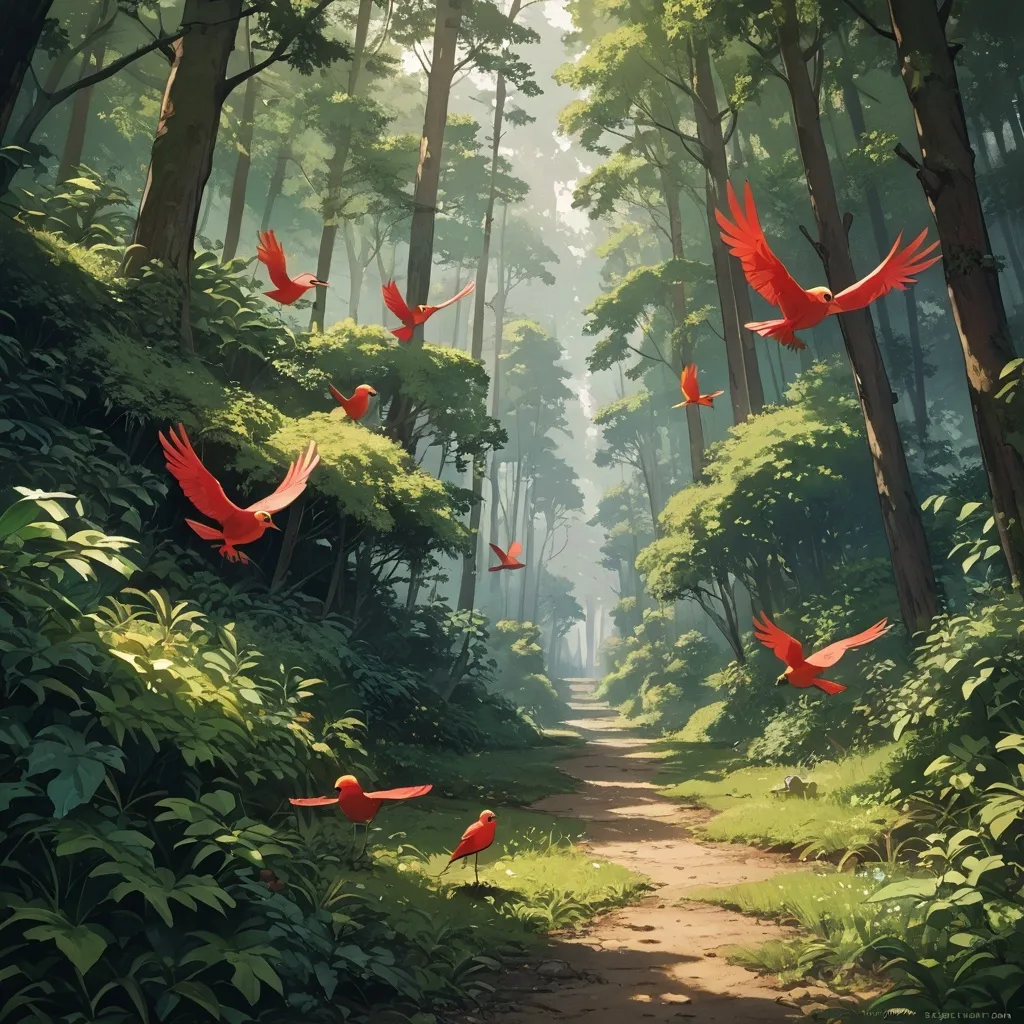 Prompt:  score_10 score_9_up score_8_up, score_7_up score_6_up rating_questionable,(masterpiece, best quality, highres:1.2), (intricate and beautiful:1.2), in the forest canopy a flock of bright red birds revolts