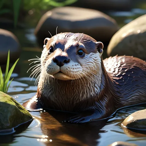 Prompt: Create Otter Animetion to do watching face, in the River