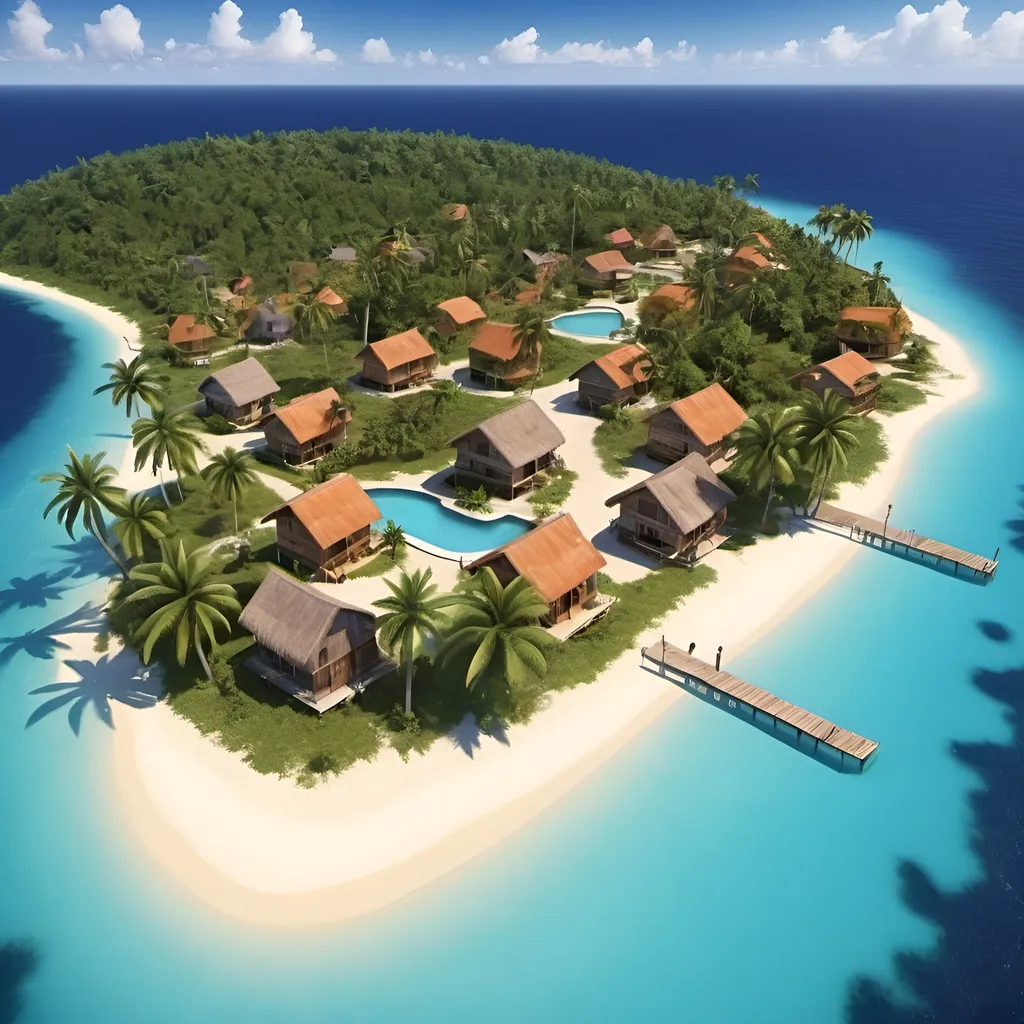 Prompt: tax haven offshore island, tropical village
rich dollars euro 