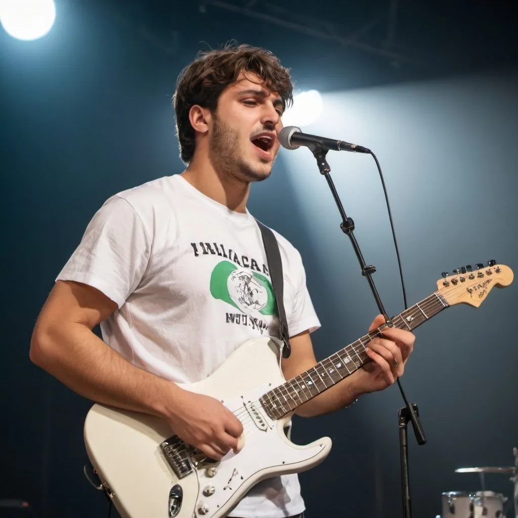 Prompt: 70 kilograms 
italian man in his 20s, wearing a white oversize t-shirt, sings on stage while playing an electric guitar.