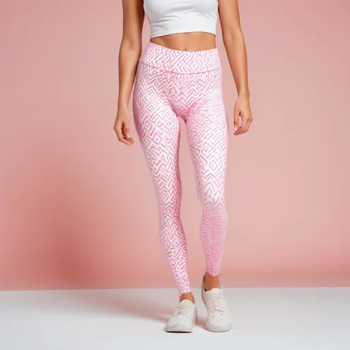 Prompt: a woman in pink and white is walking with her leg up and her leg down, with a white tank top and pink patterned leggings, Christian Hilfgott Brand, kitsch movement, detailed product photo, a stock photo