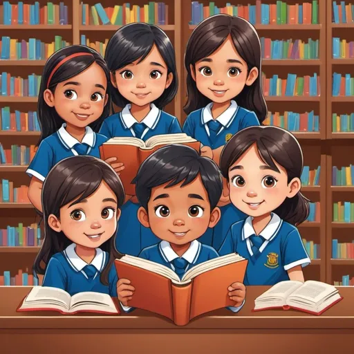 Prompt: A group of children 2 boys and 3 girls reading book in library cartoon image png format the chilren are wearing school malaysian students' uniform 