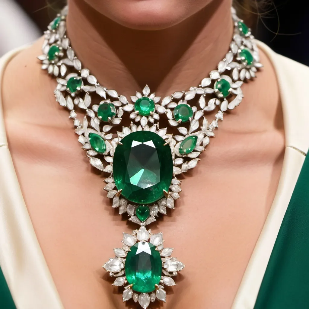 Prompt: a close up of an emerald on an extravagant royal necklace