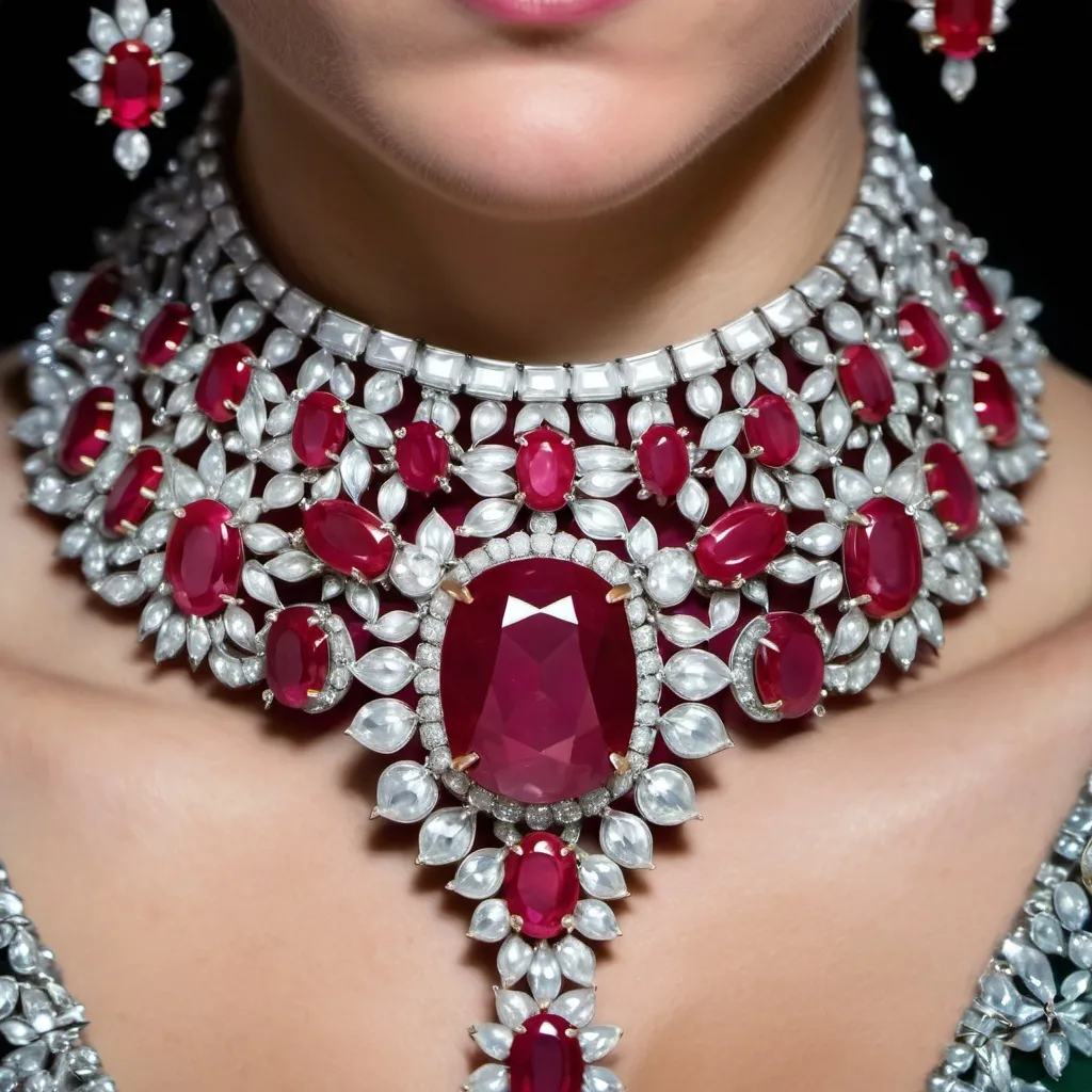 Prompt: a close up of a ruby on an extravagant royal necklace