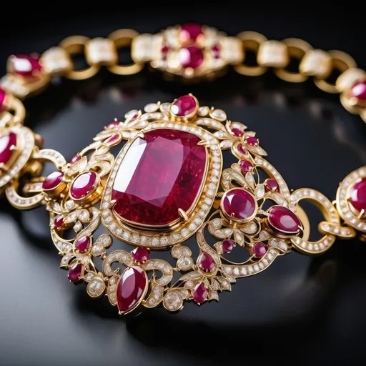 Prompt: a close up of an extravagant ruby gold bracelet