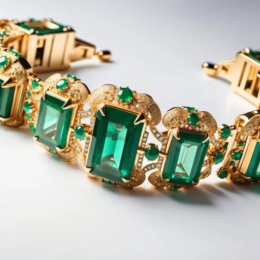 Prompt: a close up of an extravagant emerald gold bracelet